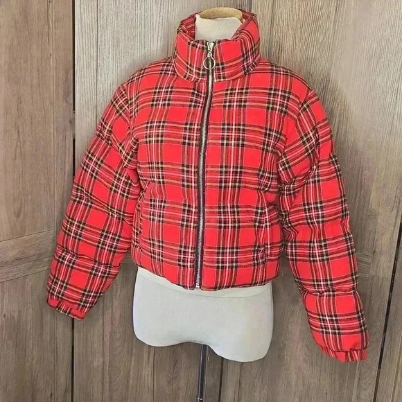 Red Plaid Puffer Women Jacket - Picture 2 of 14